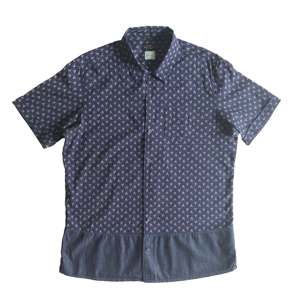 AllSaints Shirt Mens L Rikka Slim Fit Navy Hawaiian Denim Colorblock Japan Made - Picture 1 of 9